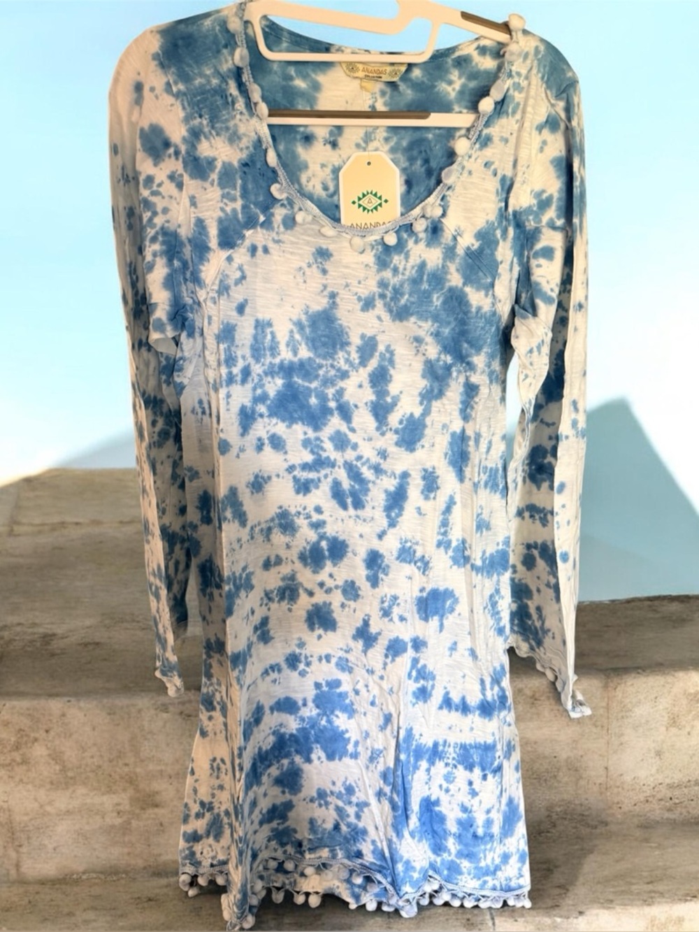 ANANDAS Blue & White Tie-Dye Long Sleeve Tunic NWT SZ. XL